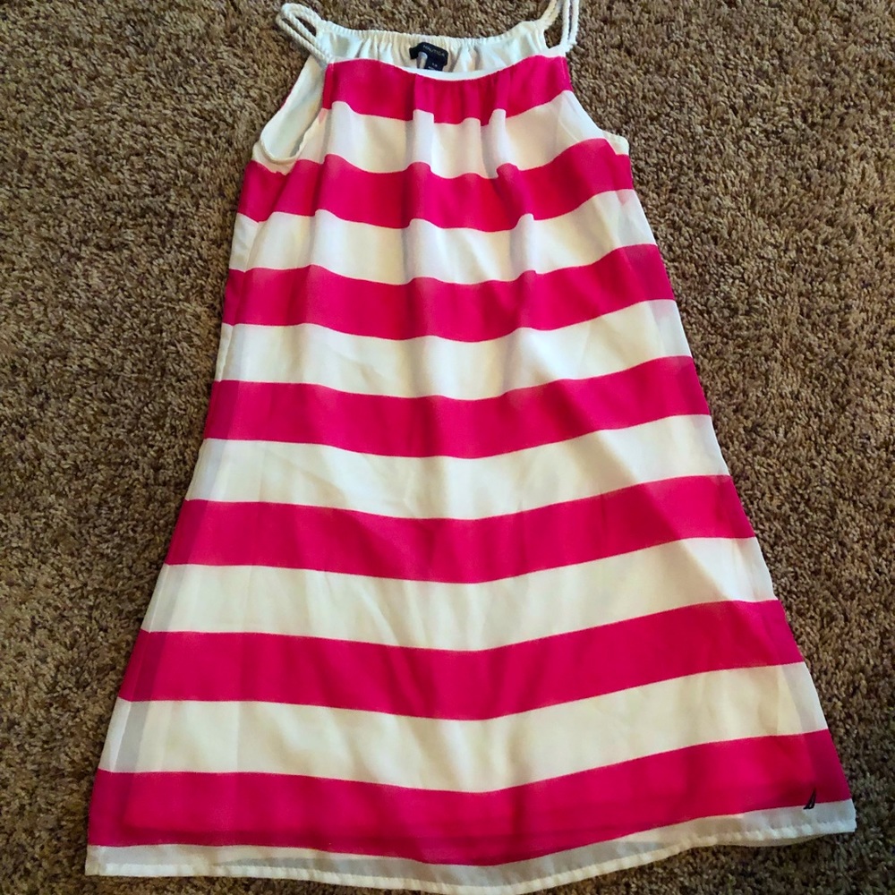Girls pink and white striped dress